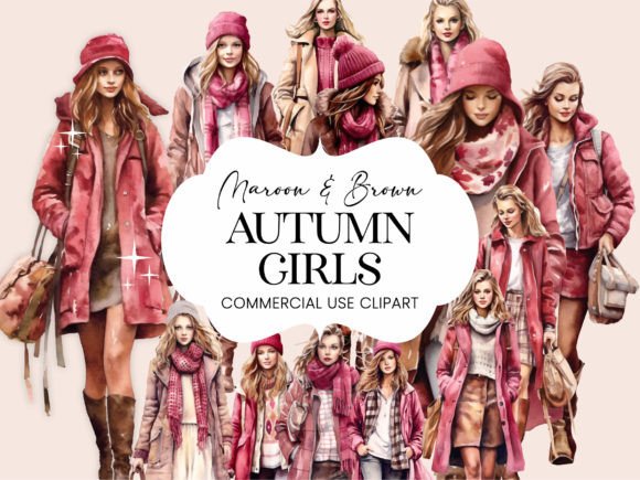 Download Autumn Girls Maroon Pink Fall Clipart - Autumn Collection