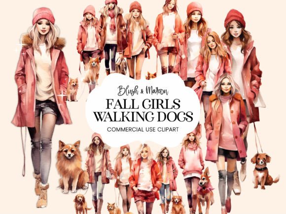 Download Autumn Girls Walking Dogs Fall Clipart - Autumn Collection